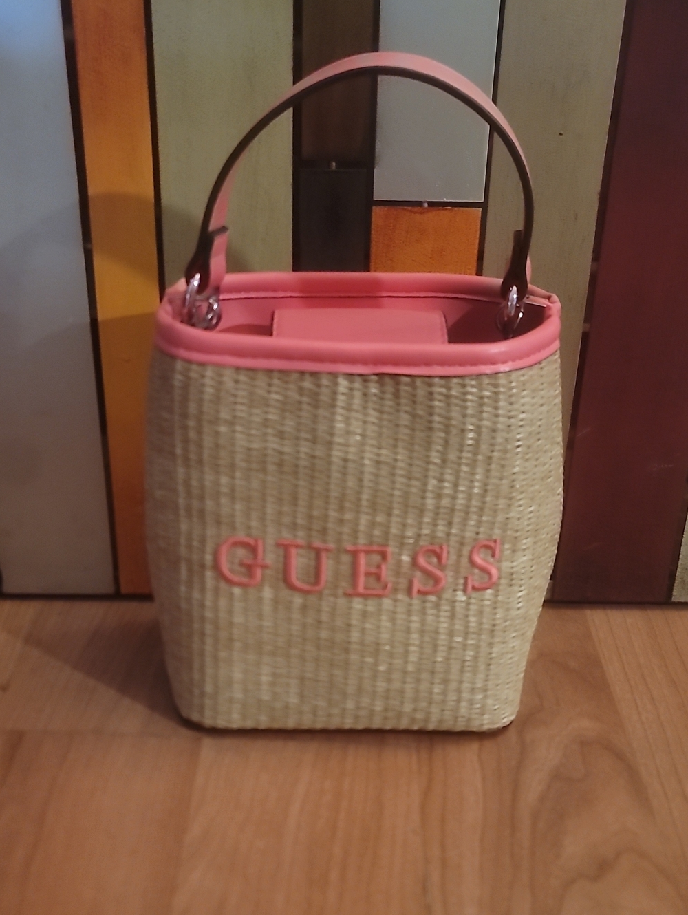 GUESS Natural Straw Mini Bucket Bag with Pink Trim